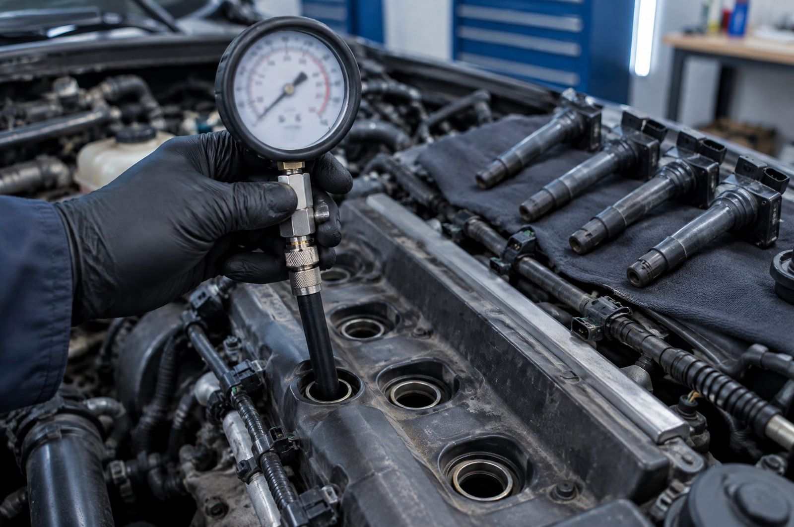 Компрессометр вкручен в свечное отверстие двигателя