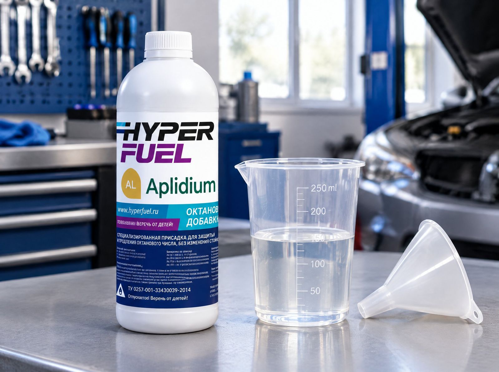 Hyper Fuel Aplidium 0,9 литра и мерный стакан на верстаке