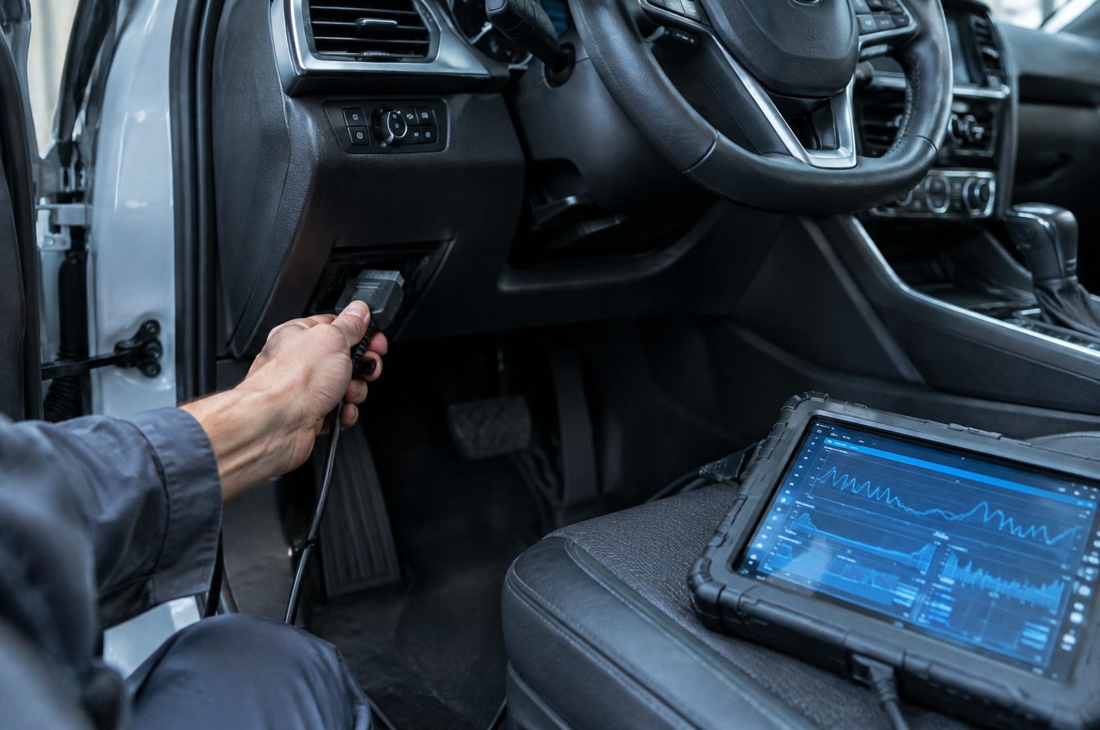 Мастер подключает диагностический сканер к разъёму OBD