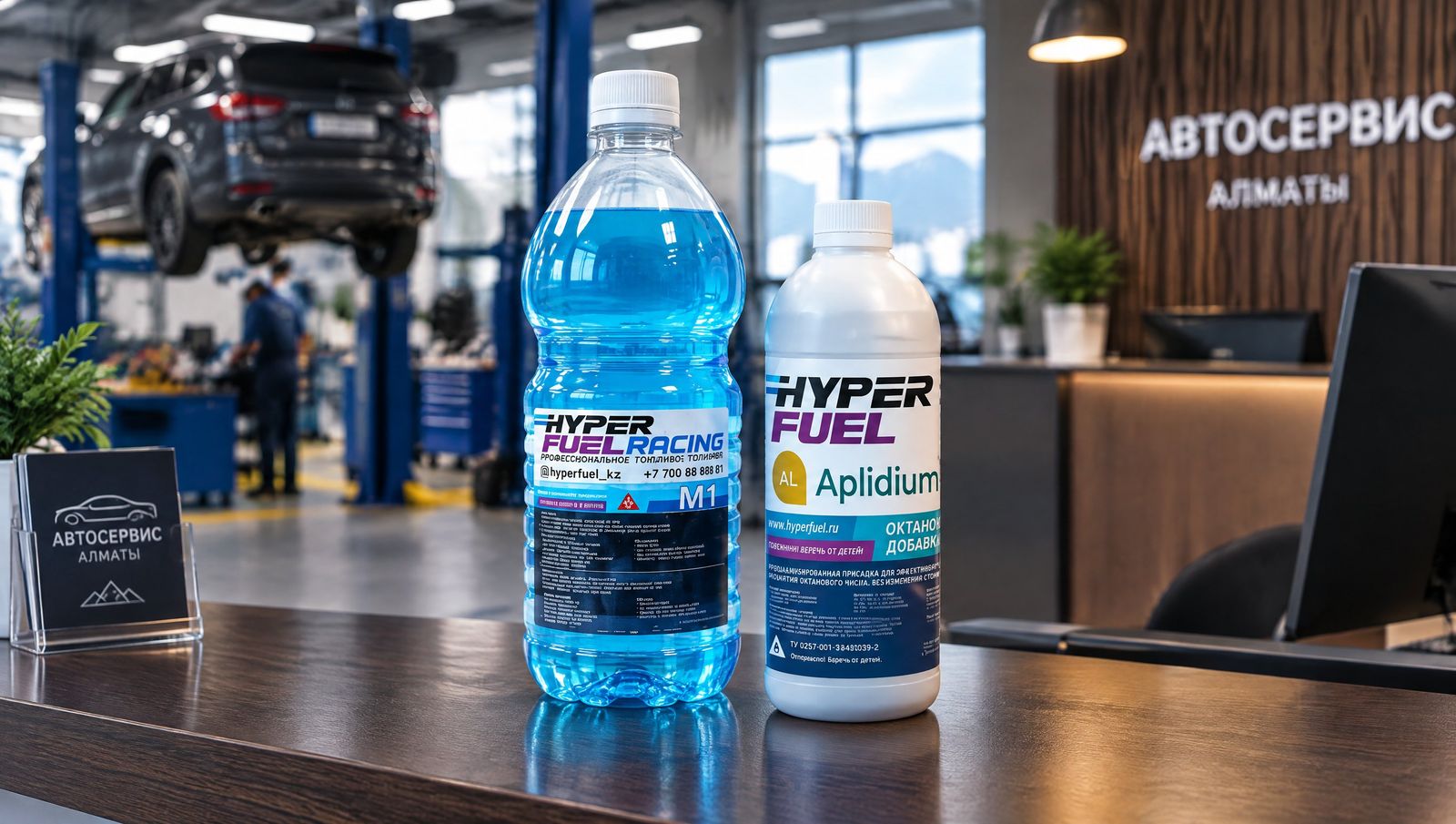 Hyper Fuel Racing M1 2 литра и Hyper Fuel Aplidium 0,9 литра на стойке автосервиса VITON.KZ